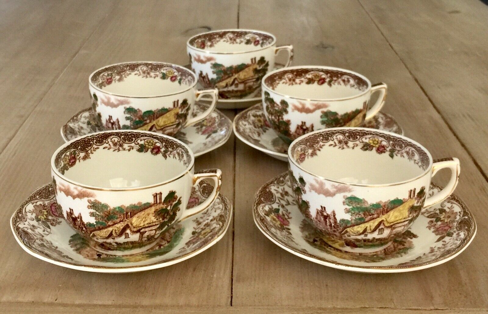 Barker Bros Olde England Brown Multicolor Cups And Saucers 5 Sets(10pcs) England