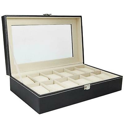 12 Slot Leather Watch Box Organizer Glass Jewelry Storage Case Large Capacity