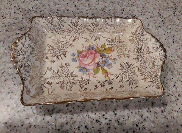 Vintage Royal Tudor Ware Barker Bros England Handled Tray 9” Long Gold Trim