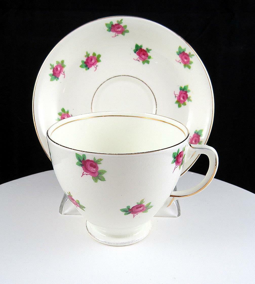 Sampson Smith England Pink Rose Buds & Gold Rims 2 5/8" Cup And Saucer Set
